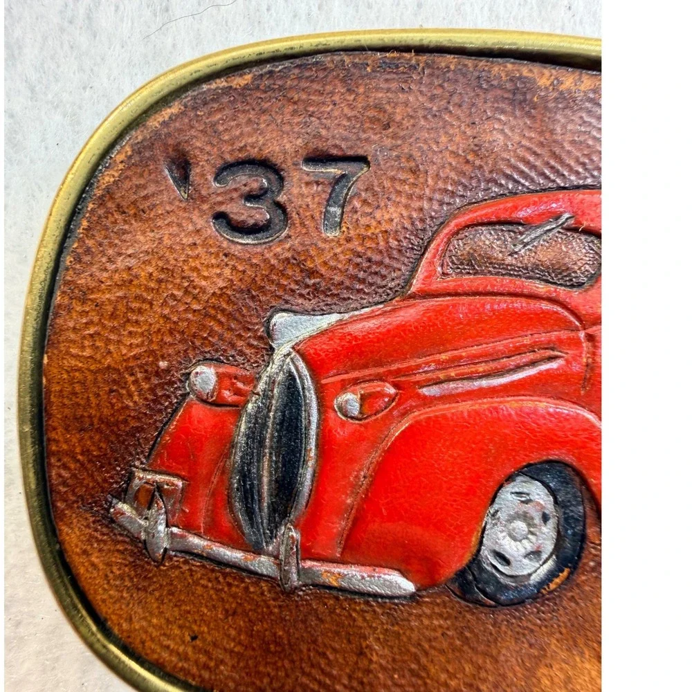 Vintage 1990 Todd Handcrafted Leather 1937 Car Solid Brass Belt Buckle Red Car